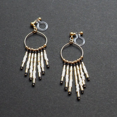 Hoop and beaded fringe invisible clip on earrings ( Gold tone ) - Miyabi Grace