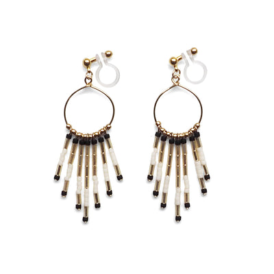 Hoop and beaded fringe invisible clip on earrings ( Gold tone ) - Miyabi Grace