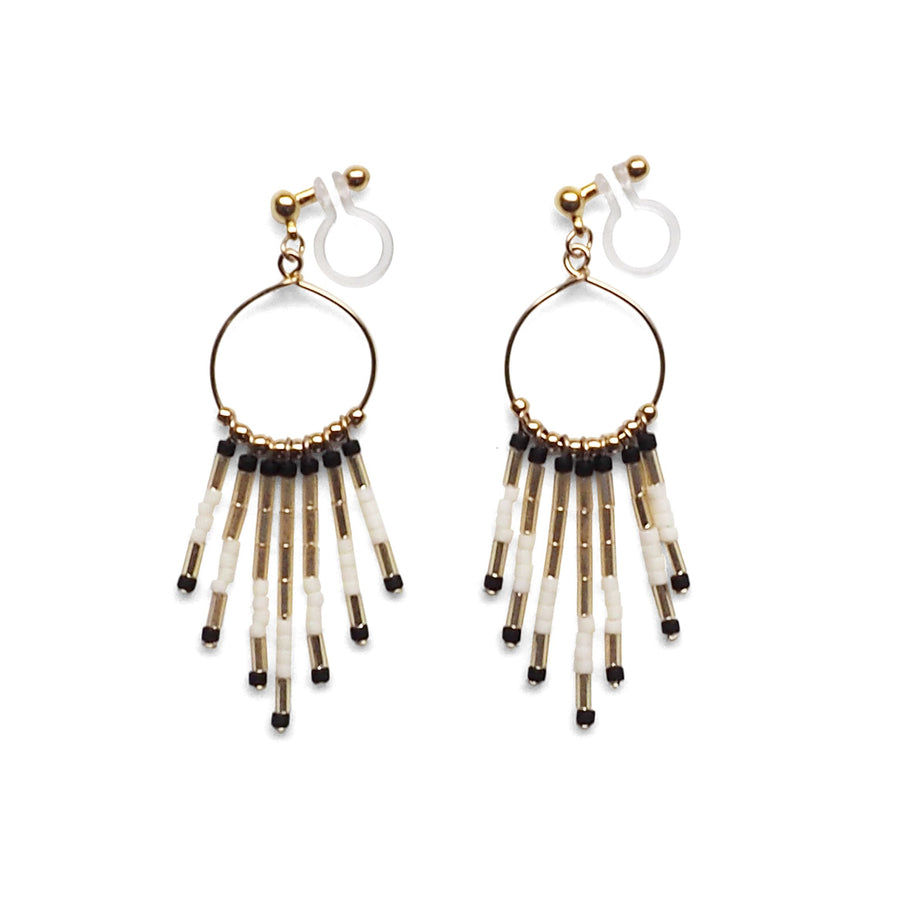 Hoop and beaded fringe invisible clip on earrings ( Gold tone ) - Miyabi Grace