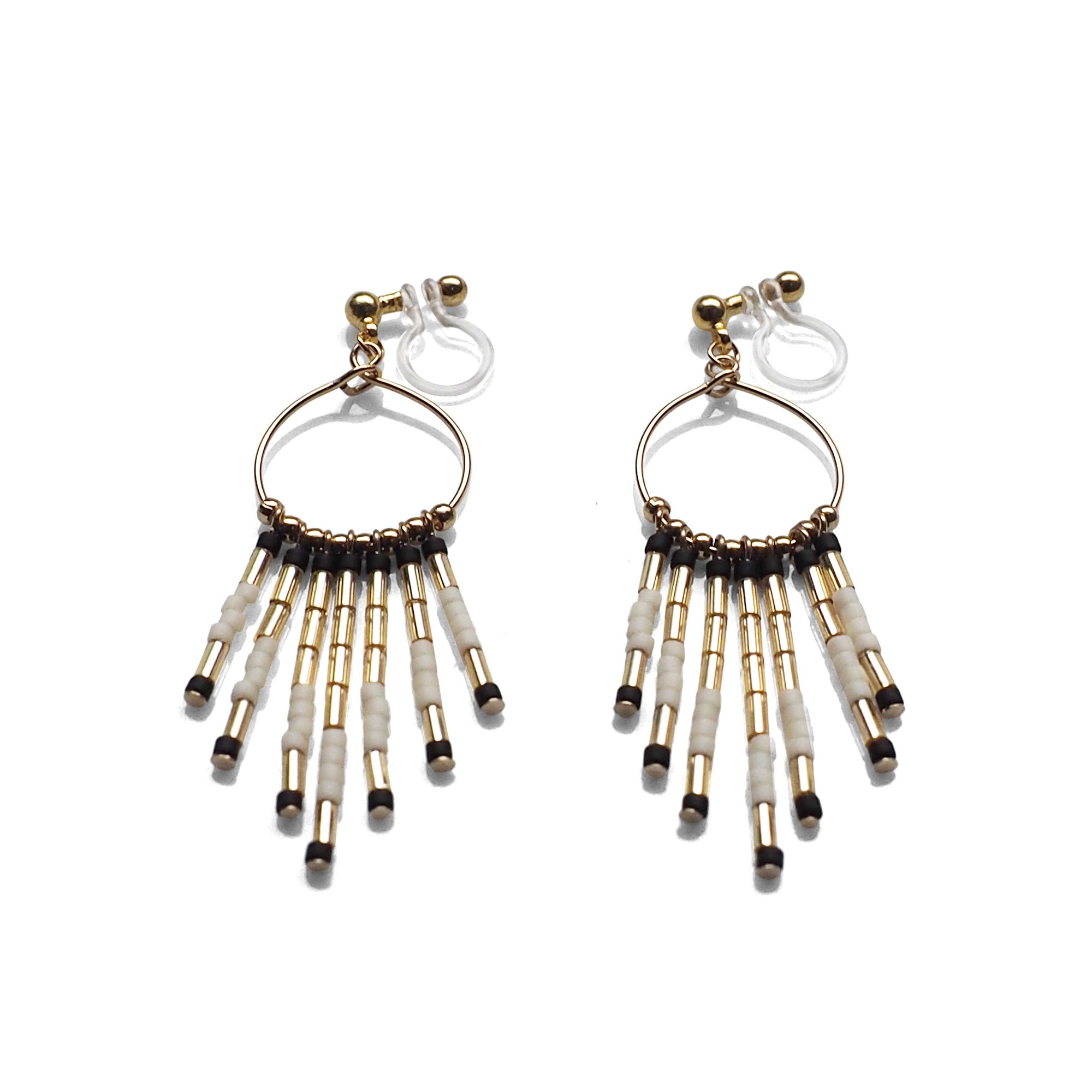 Hoop and beaded fringe invisible clip on earrings ( Gold tone ) - Miyabi Grace