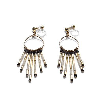 Hoop and beaded fringe invisible clip on earrings ( Gold tone ) - Miyabi Grace