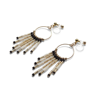 Hoop and beaded fringe invisible clip on earrings ( Gold tone ) - Miyabi Grace