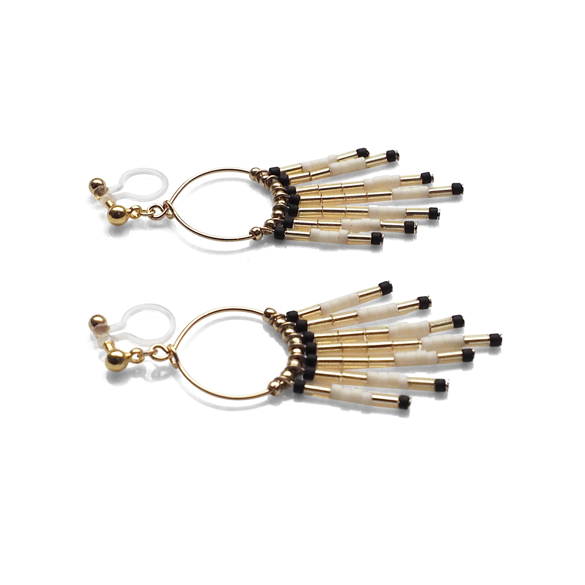 Hoop and beaded fringe invisible clip on earrings ( Gold tone ) - Miyabi Grace