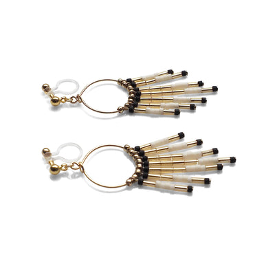 Hoop and beaded fringe invisible clip on earrings ( Gold tone ) - Miyabi Grace