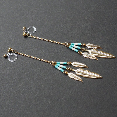 Long feather motif invisible clip on earrings ( Gold tone ) - miyabigracejewelry.com