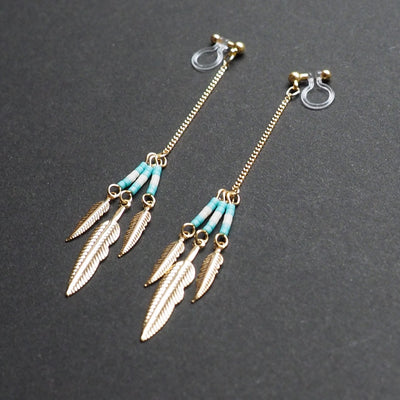 Long feather motif invisible clip on earrings ( Gold tone ) - miyabigracejewelry.com