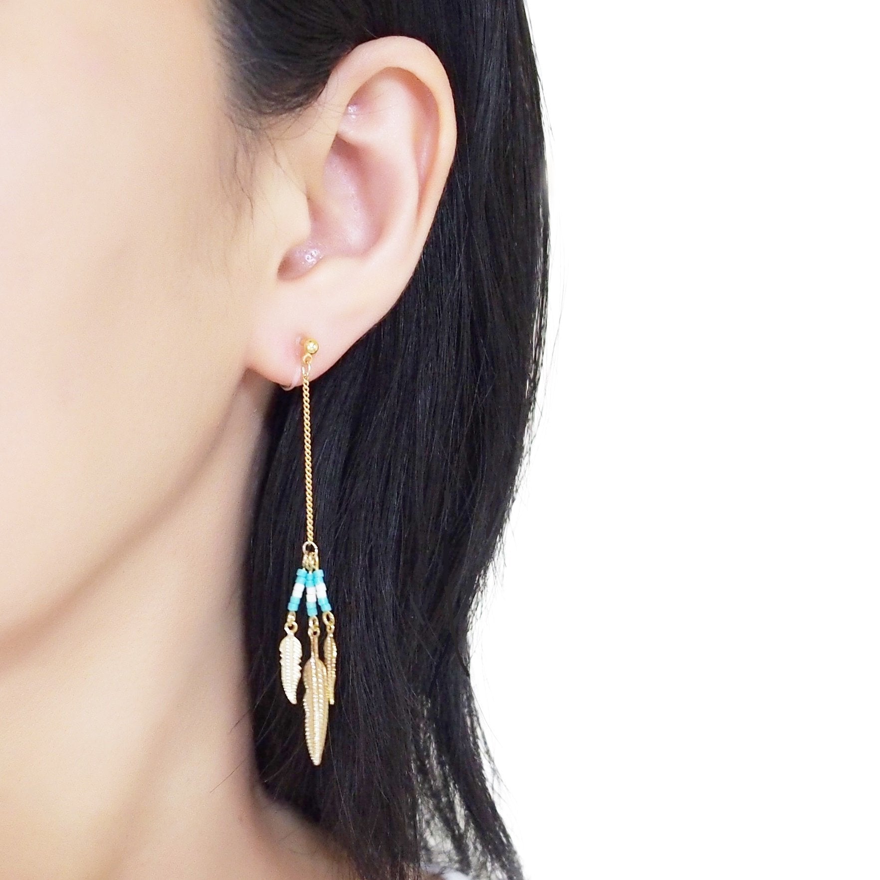 Long feather motif invisible clip on earrings ( Gold tone ) - miyabigracejewelry.com