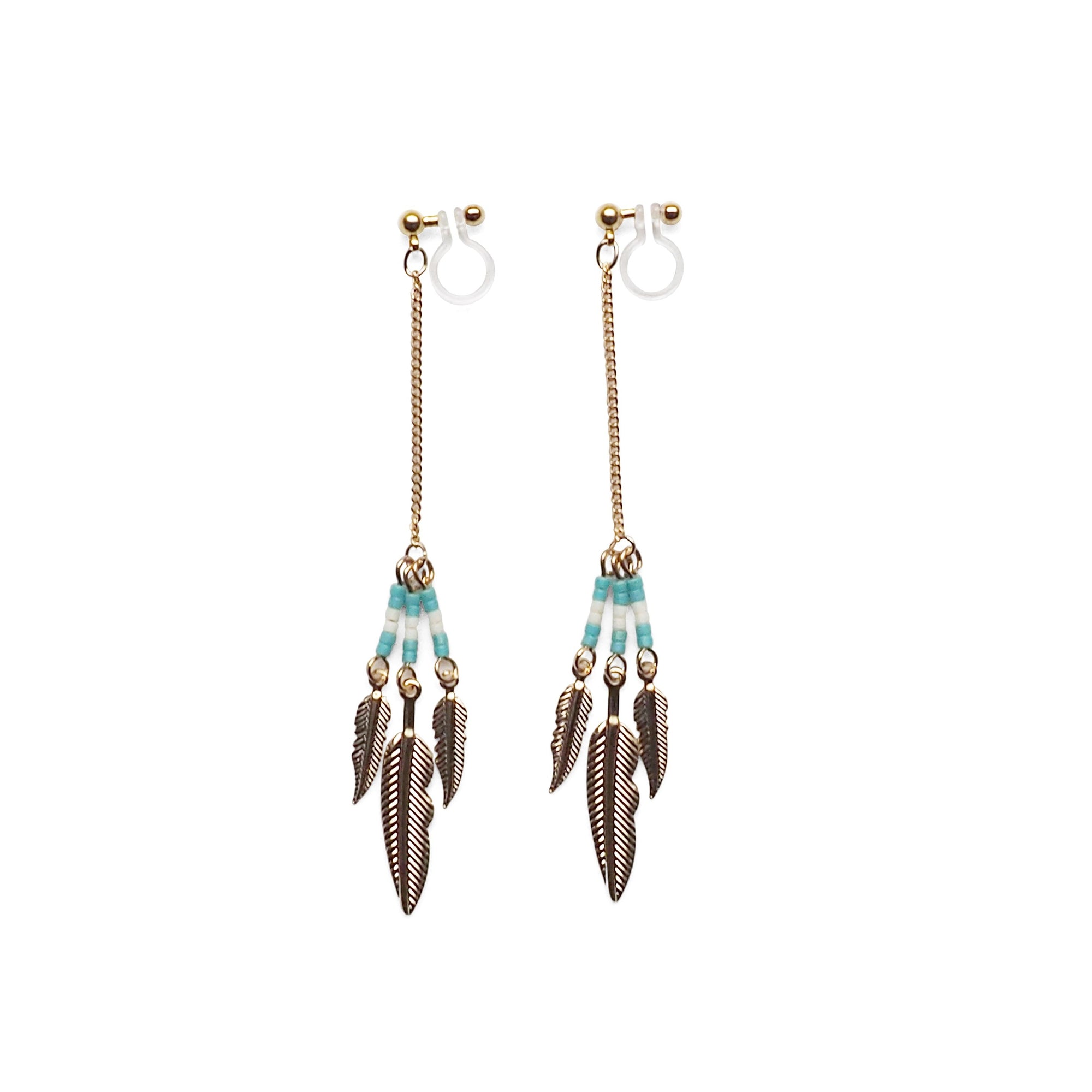 Long feather motif invisible clip on earrings ( Gold tone ) - miyabigracejewelry.com