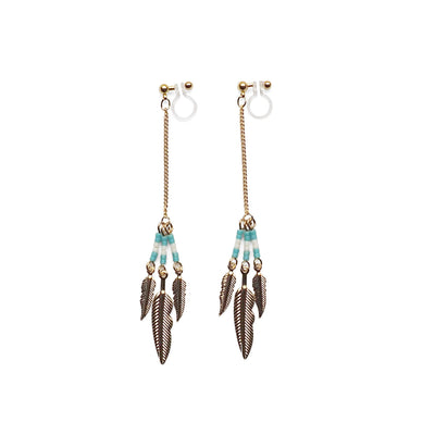 Long feather motif invisible clip on earrings ( Gold tone ) - miyabigracejewelry.com