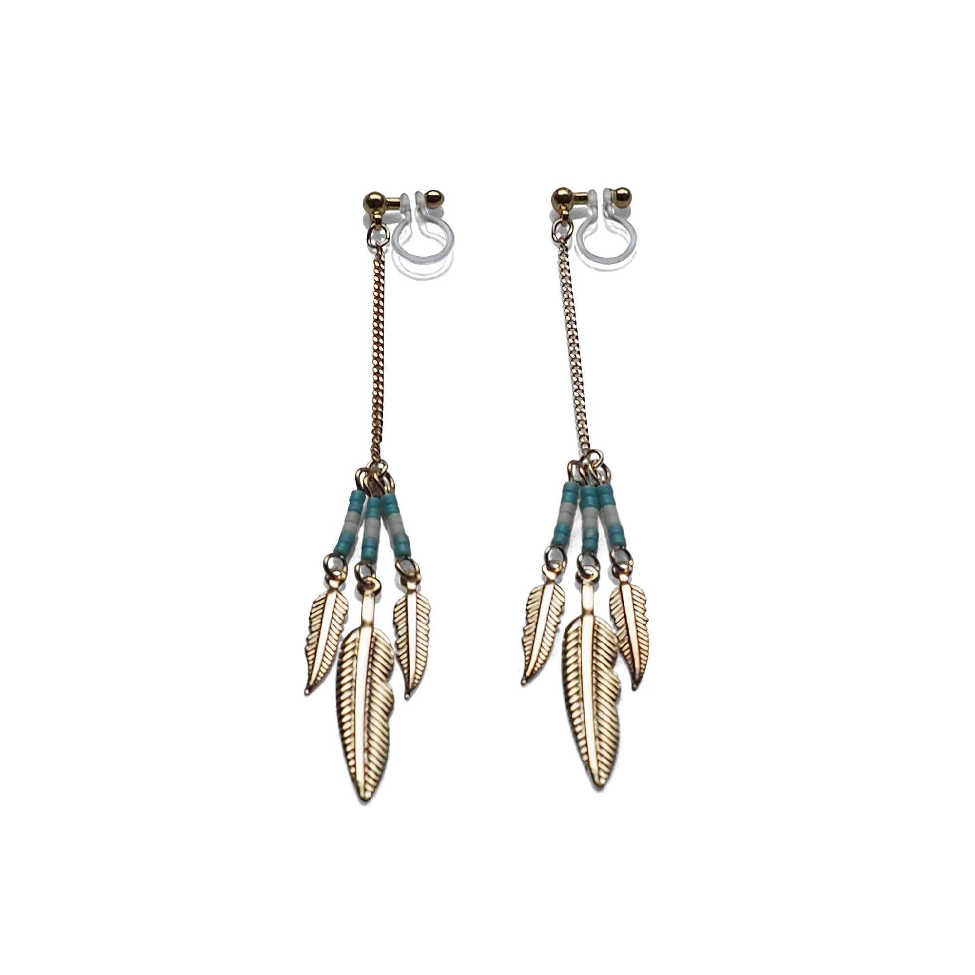 Long feather motif invisible clip on earrings ( Gold tone ) - miyabigracejewelry.com