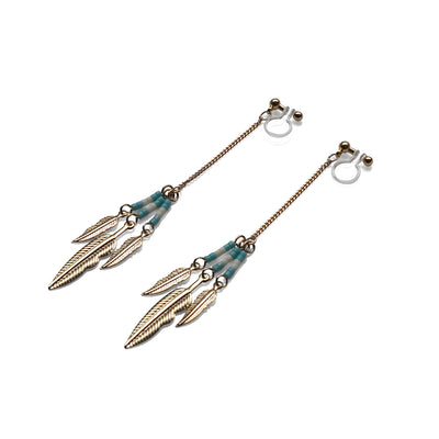 Long feather motif invisible clip on earrings ( Gold tone ) - miyabigracejewelry.com