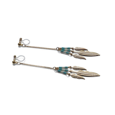 Long feather motif invisible clip on earrings ( Gold tone ) - miyabigracejewelry.com