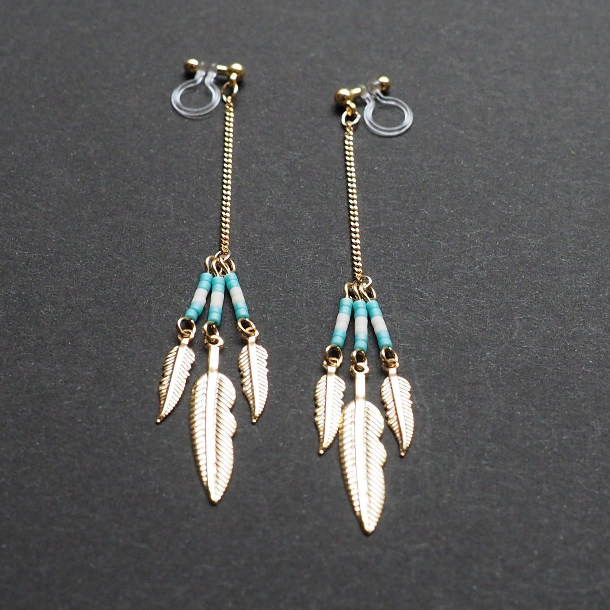 Long feather motif invisible clip on earrings ( Gold tone ) - miyabigracejewelry.com