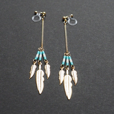 Long feather motif invisible clip on earrings ( Gold tone ) - miyabigracejewelry.com
