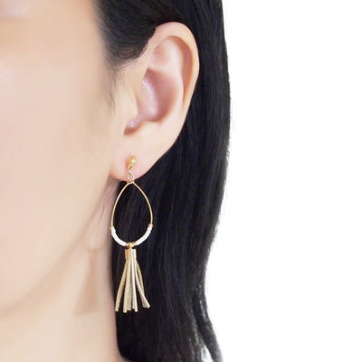 Hoop and beige tassel invisible clip on earrings ( Gold tone ) - miyabigracejewelry.com