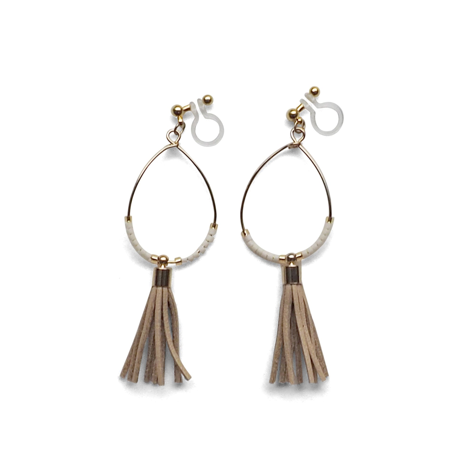 Hoop and beige tassel invisible clip on earrings ( Gold tone ) - miyabigracejewelry.com