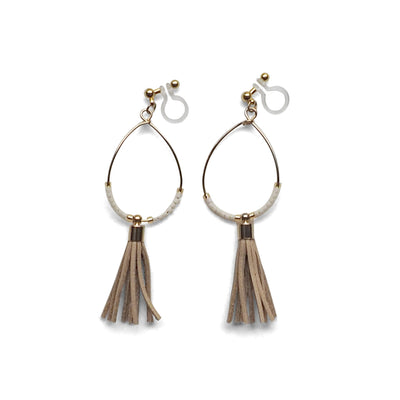 Hoop and beige tassel invisible clip on earrings ( Gold tone ) - miyabigracejewelry.com
