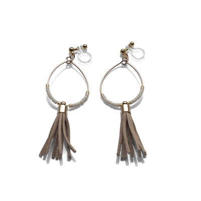 Hoop and beige tassel invisible clip on earrings ( Gold tone ) - miyabigracejewelry.com