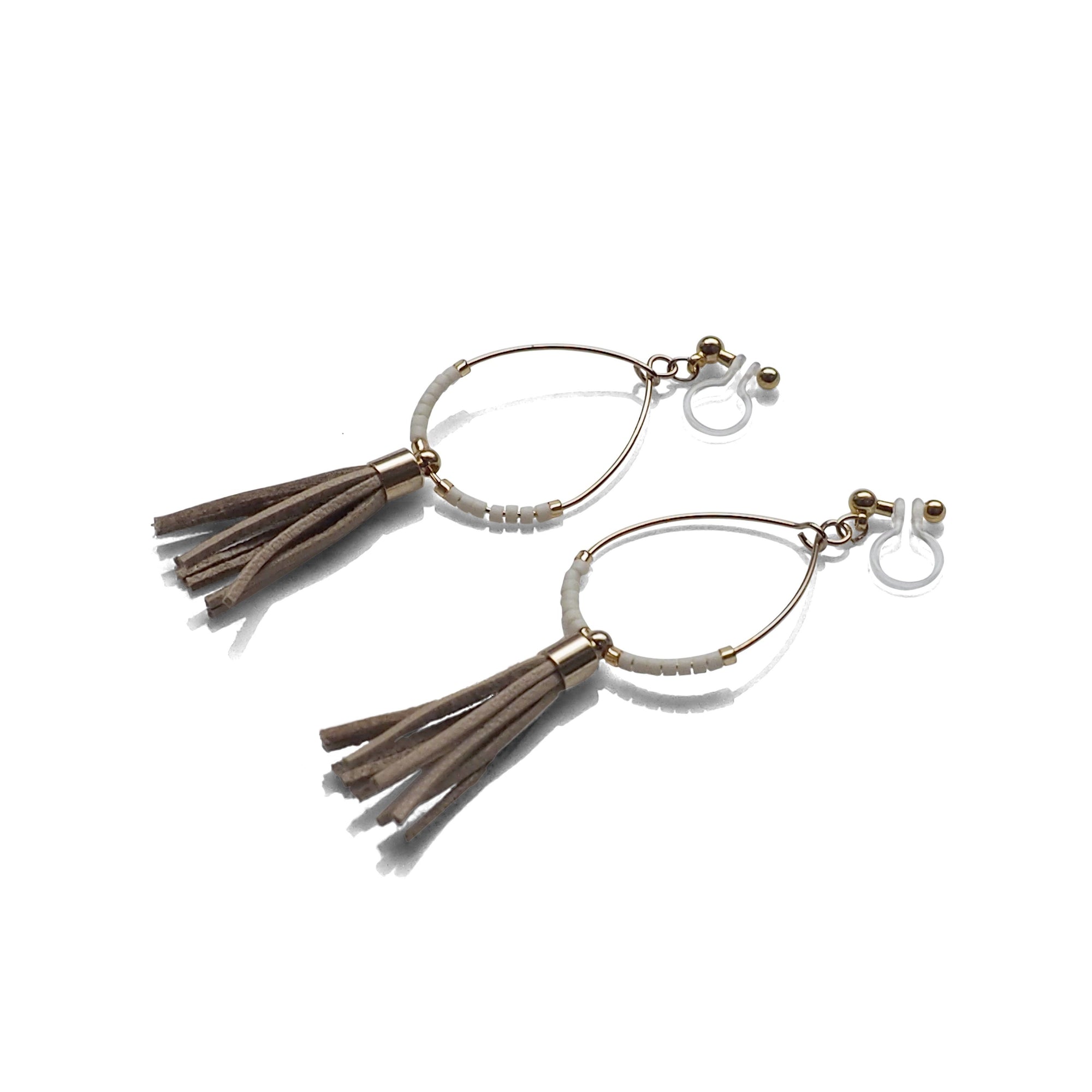 Hoop and beige tassel invisible clip on earrings ( Gold tone ) - miyabigracejewelry.com