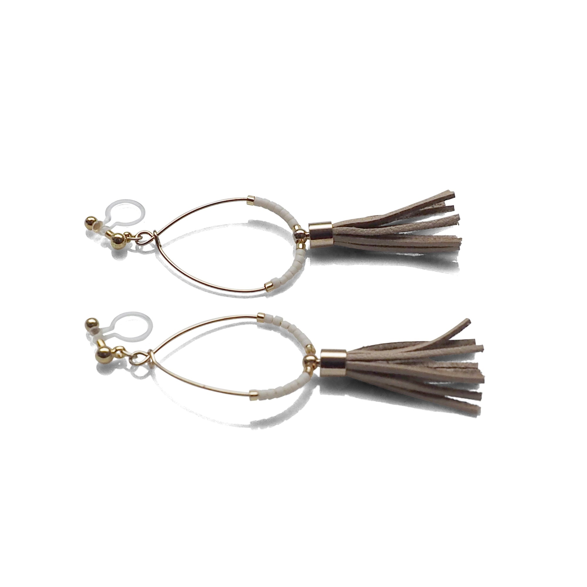 Hoop and beige tassel invisible clip on earrings ( Gold tone ) - miyabigracejewelry.com