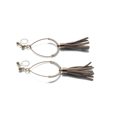 Hoop and beige tassel invisible clip on earrings ( Gold tone ) - miyabigracejewelry.com
