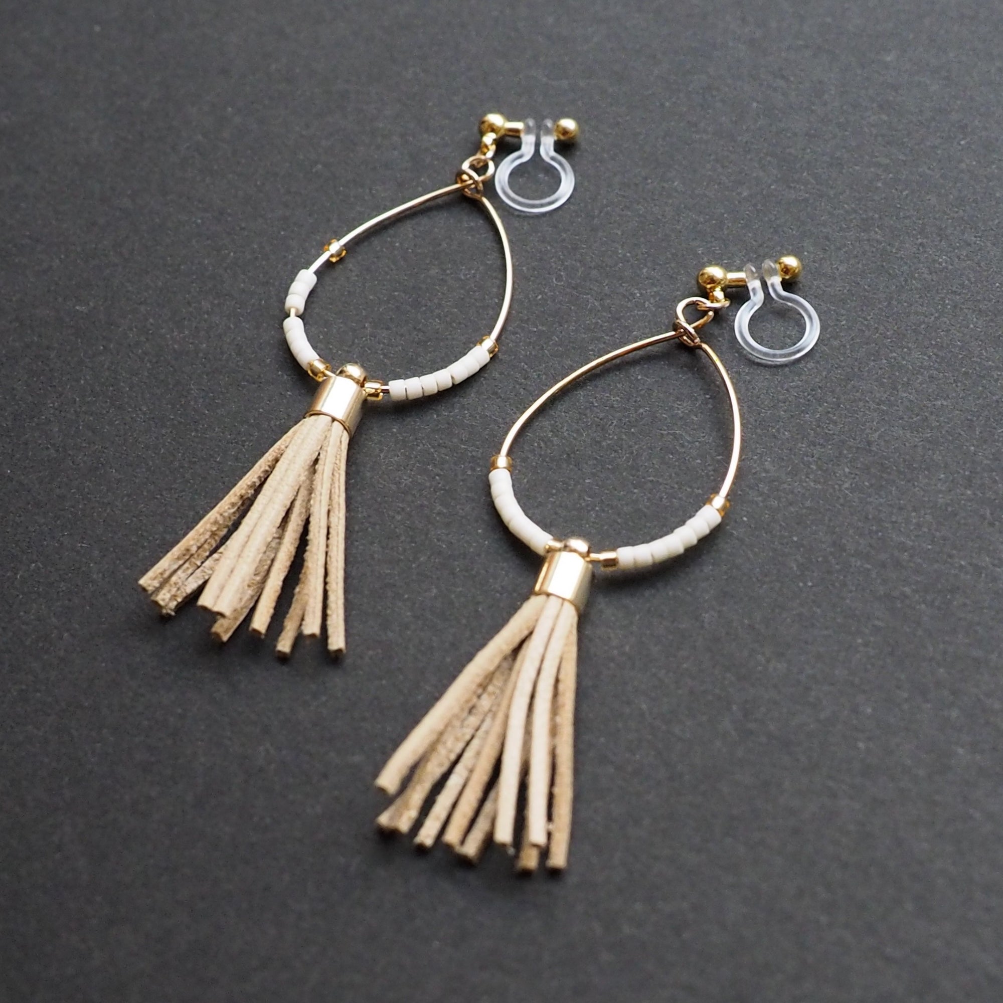 Hoop and beige tassel invisible clip on earrings ( Gold tone ) - miyabigracejewelry.com