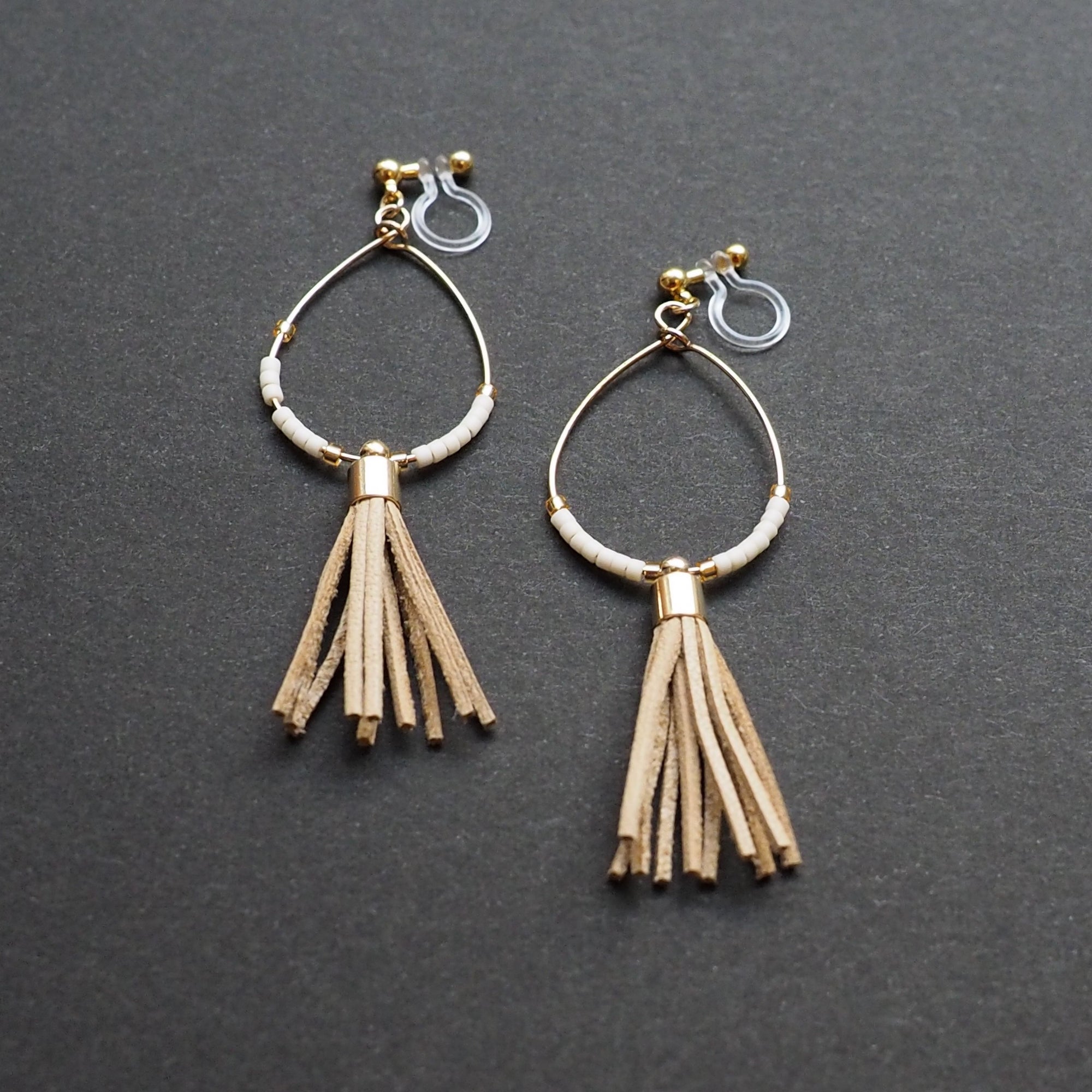 Hoop and beige tassel invisible clip on earrings ( Gold tone ) - miyabigracejewelry.com