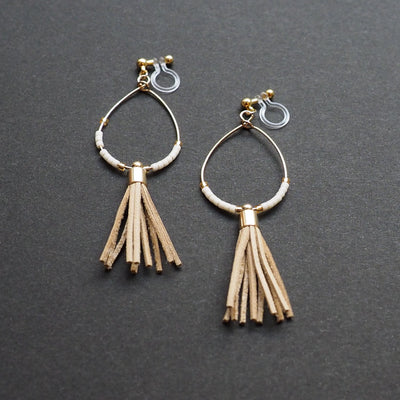Hoop and beige tassel invisible clip on earrings ( Gold tone ) - miyabigracejewelry.com
