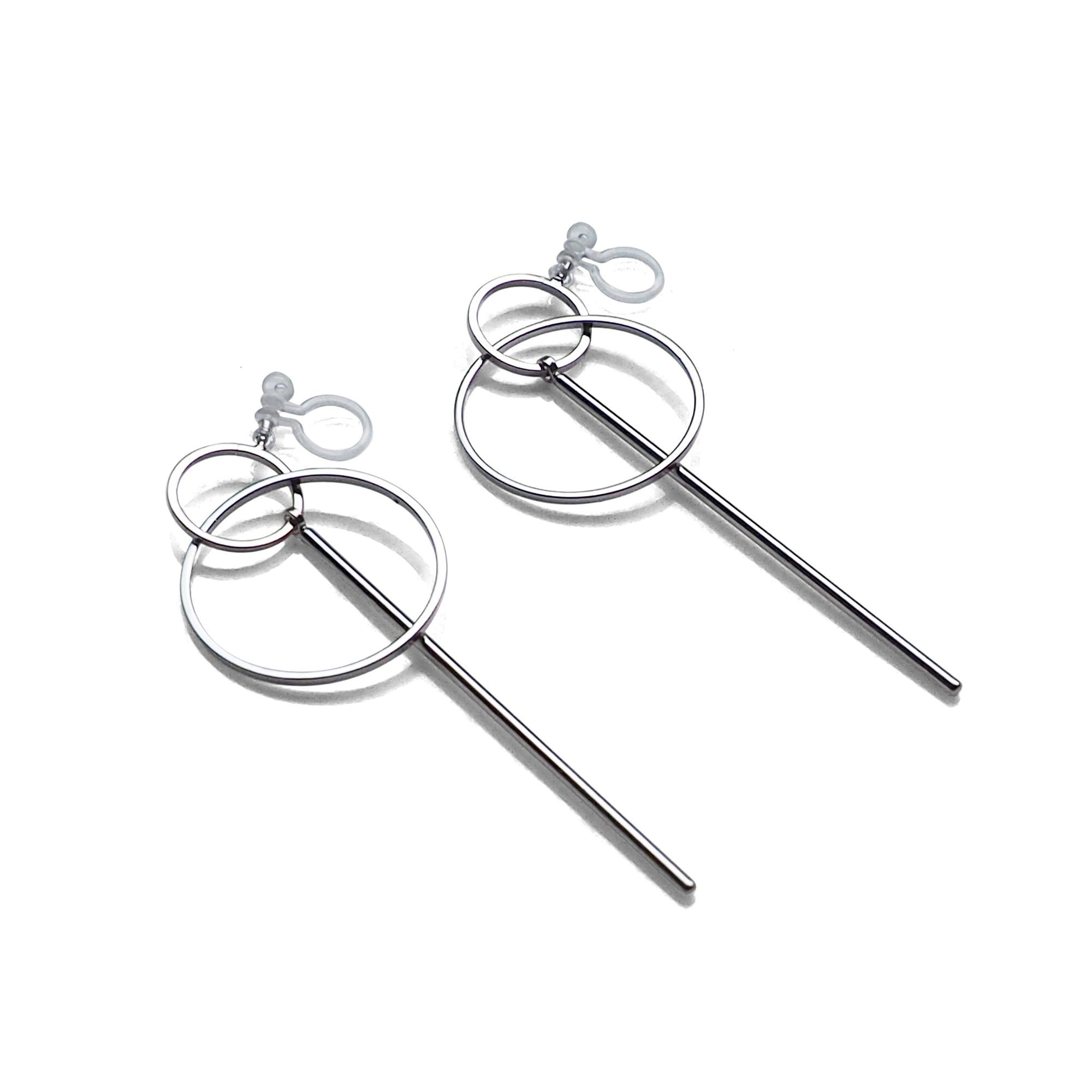 Double hoop with bar invisible clip on stud earrings ( Silver tone ) - miyabigracejewelry.com