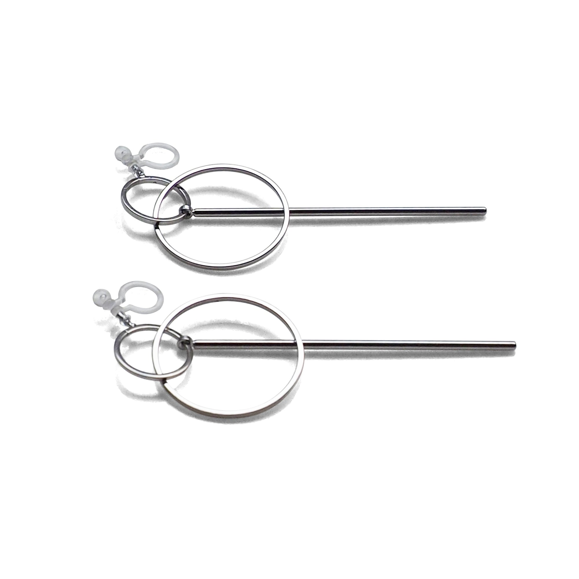 Double hoop with bar invisible clip on stud earrings ( Silver tone ) - miyabigracejewelry.com