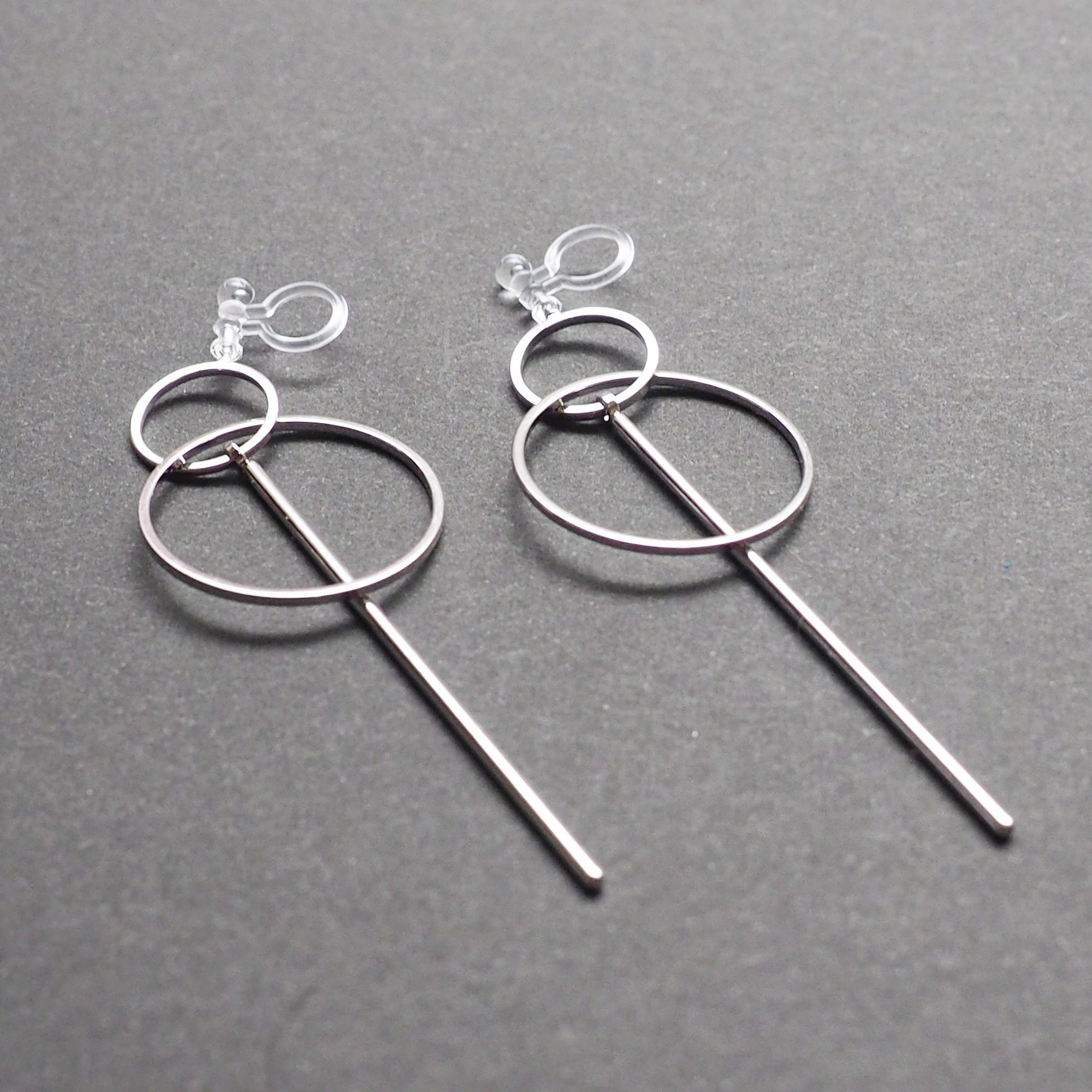 Double hoop with bar invisible clip on stud earrings ( Silver tone ) - miyabigracejewelry.com