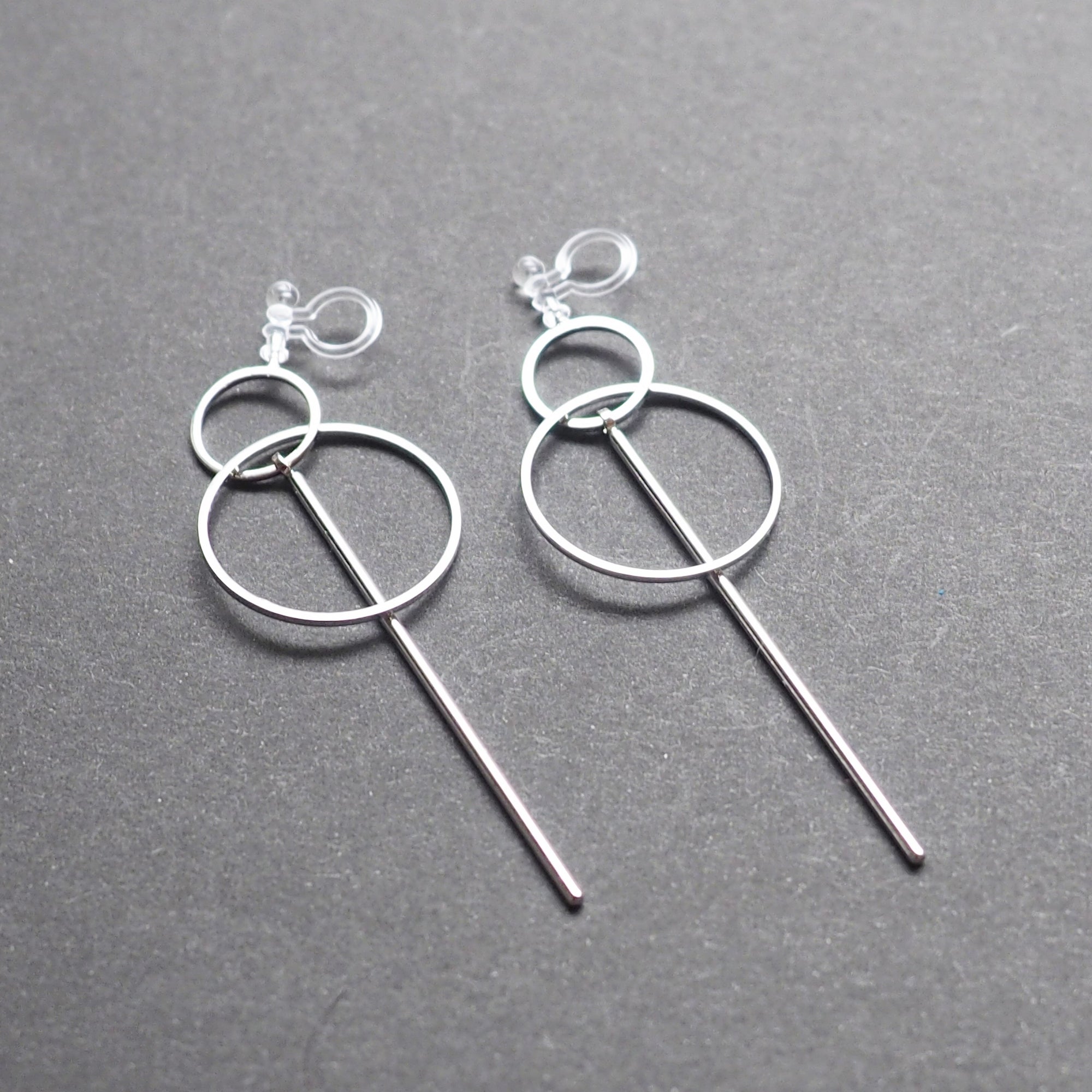 Double hoop with bar invisible clip on stud earrings ( Silver tone ) - miyabigracejewelry.com