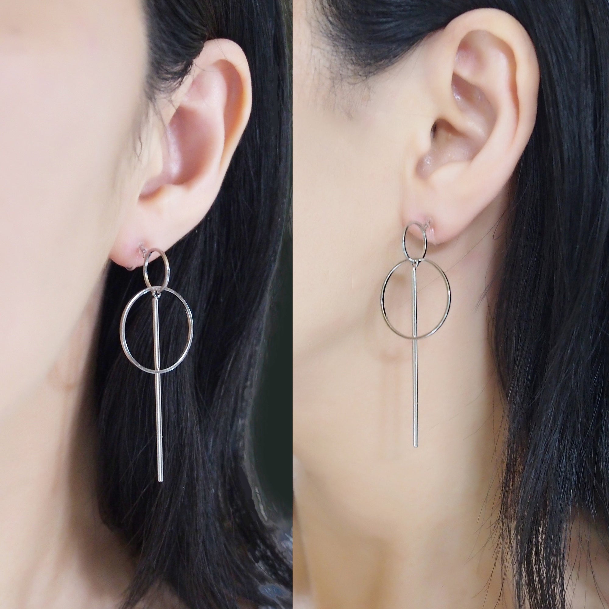Double hoop with bar invisible clip on stud earrings ( Silver tone ) - miyabigracejewelry.com