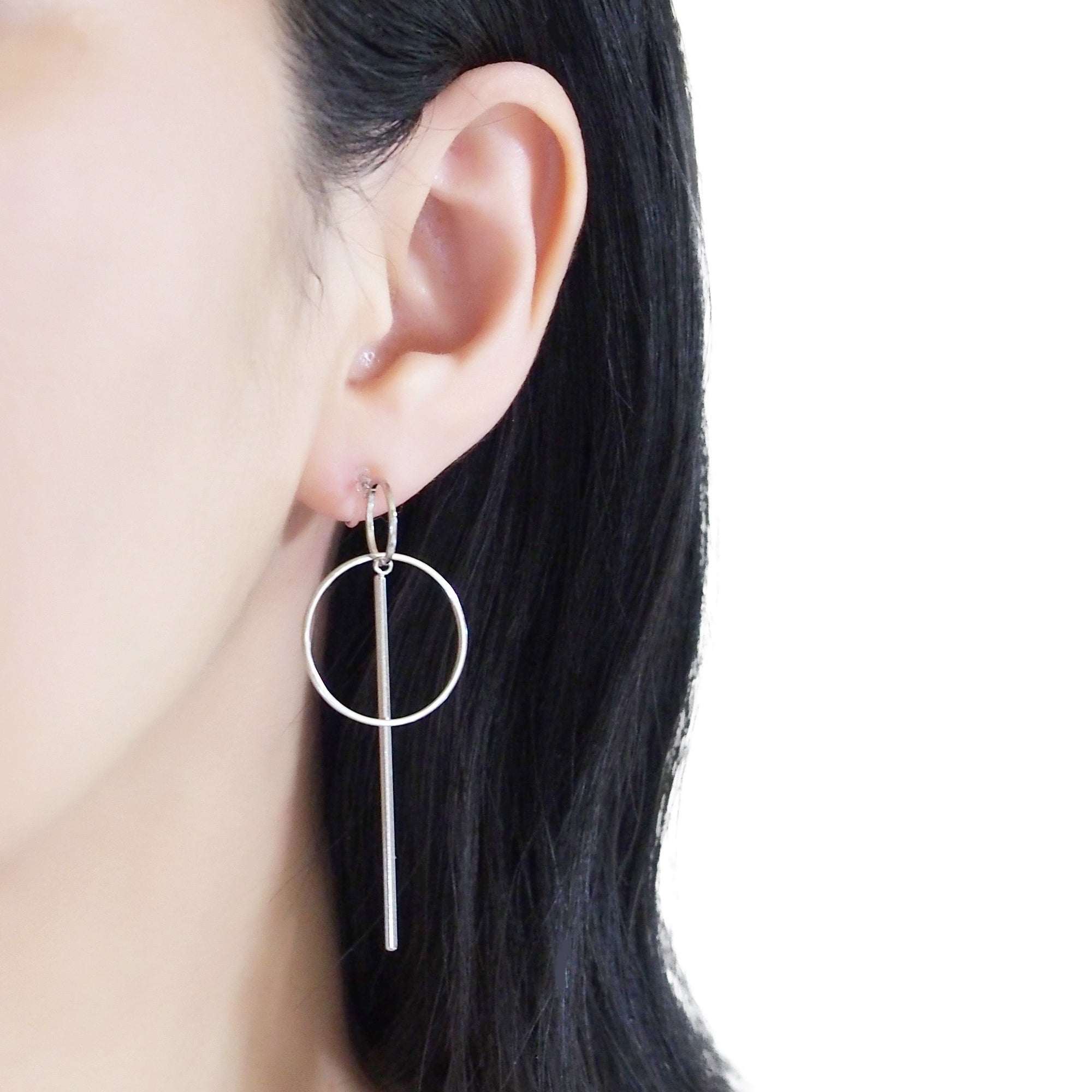 Double hoop with bar invisible clip on stud earrings ( Silver tone ) - miyabigracejewelry.com