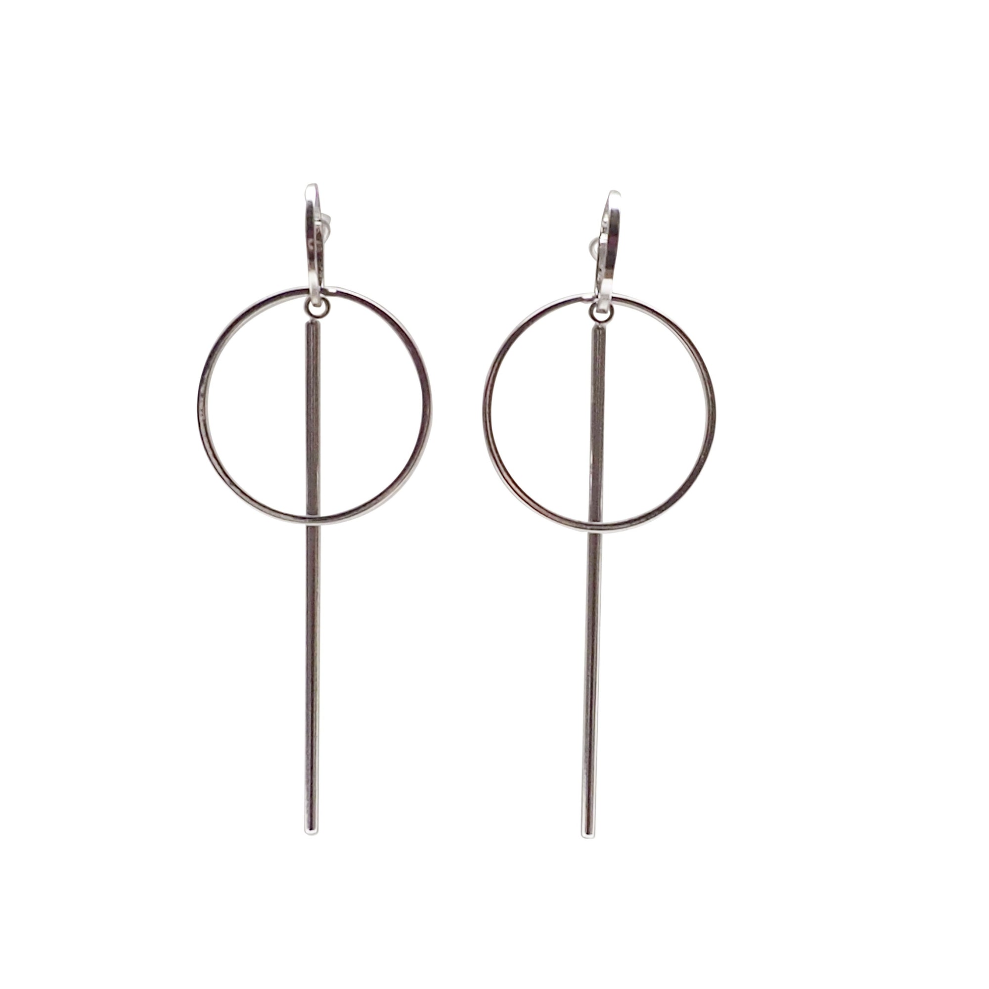 Double hoop with bar invisible clip on stud earrings ( Silver tone ) - miyabigracejewelry.com