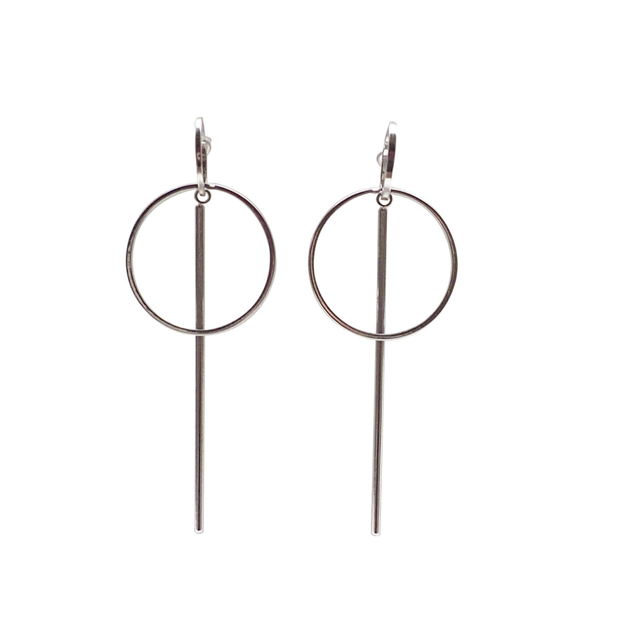 Double hoop with bar invisible clip on stud earrings ( Silver tone ) - miyabigracejewelry.com