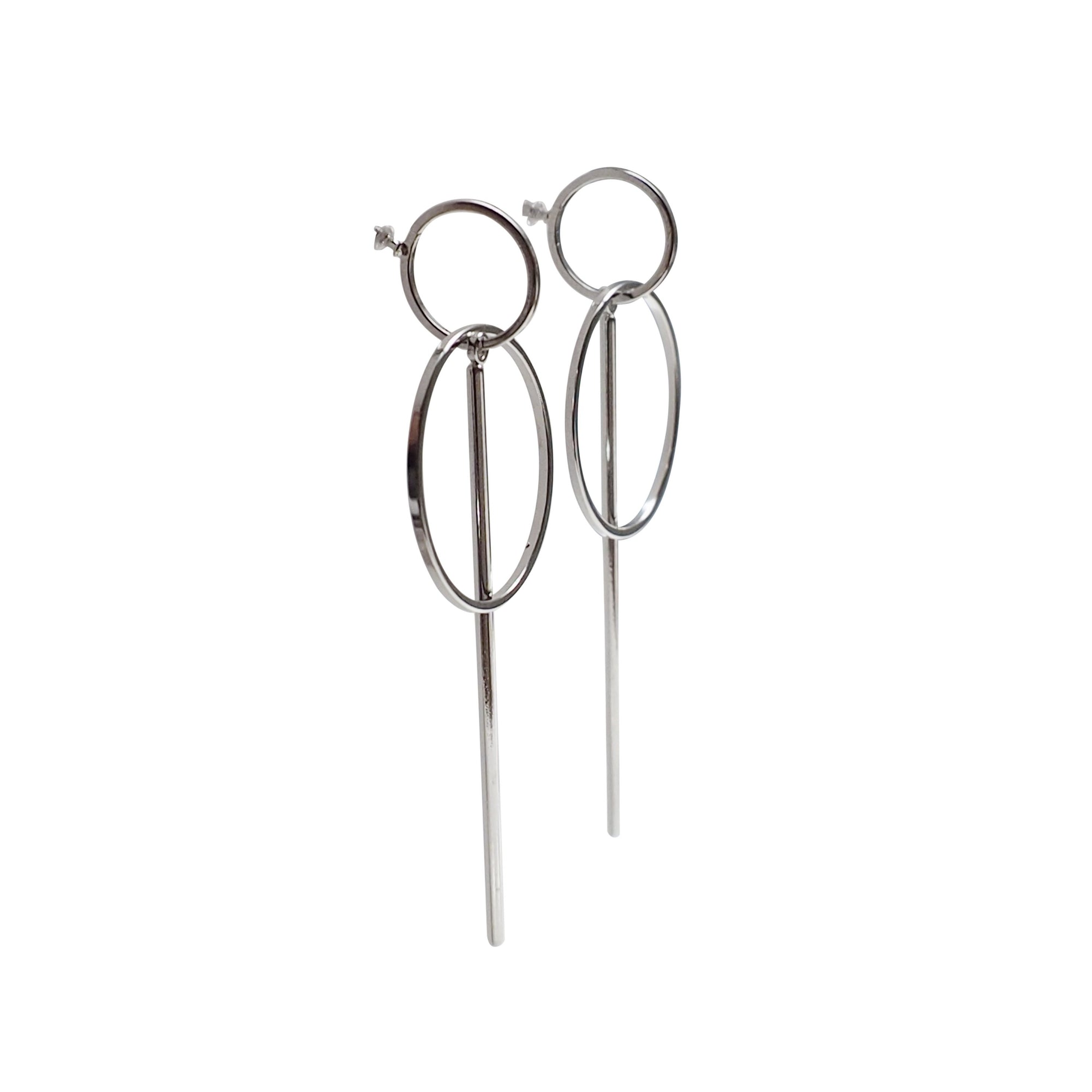 Double hoop with bar invisible clip on stud earrings ( Silver tone ) - miyabigracejewelry.com