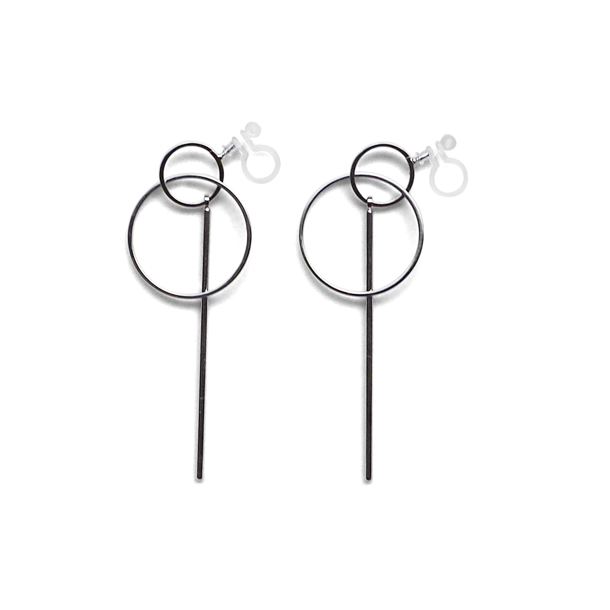 Double hoop with bar invisible clip on stud earrings ( Silver tone ) - miyabigracejewelry.com