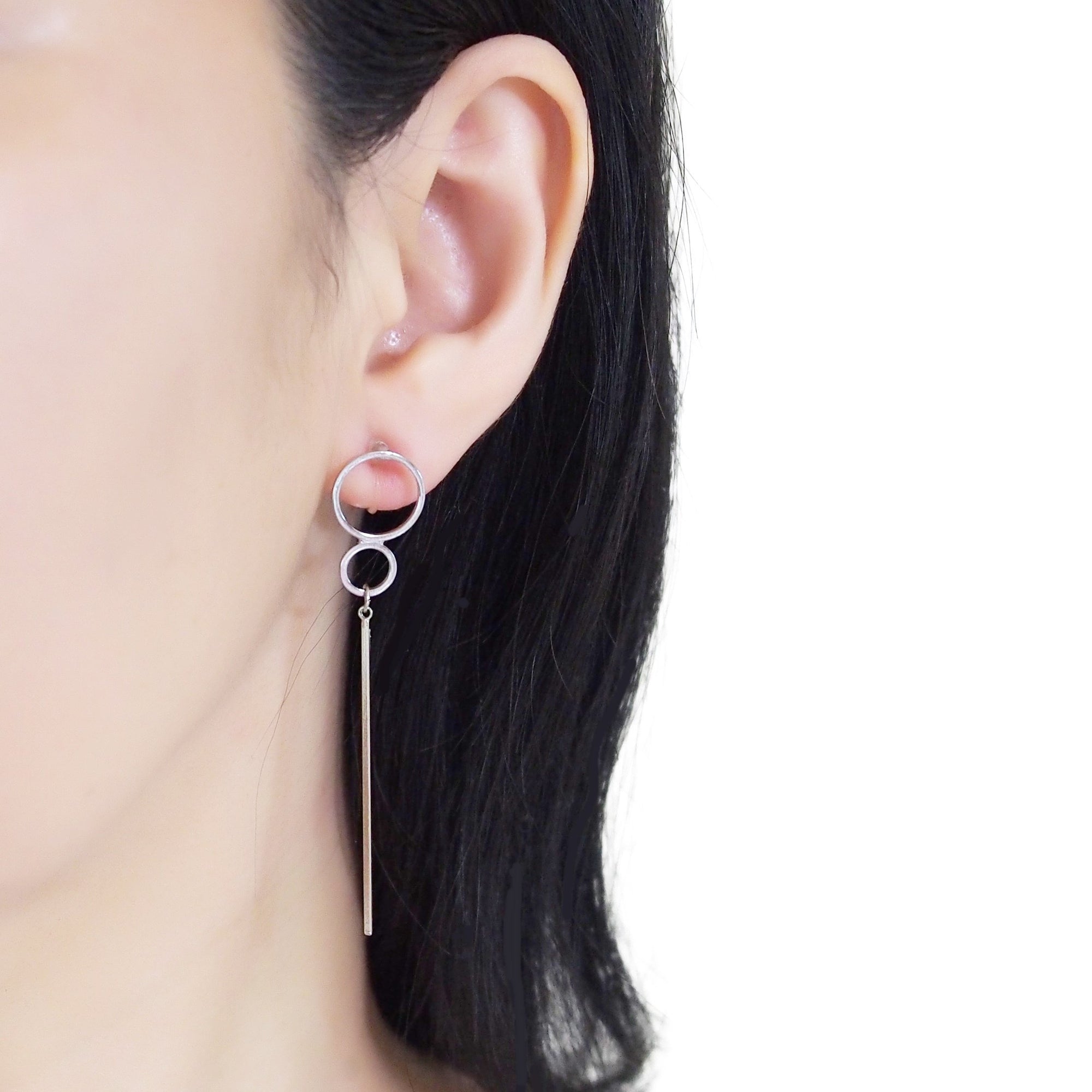 Double hoop with long bar invisible clip on stud earrings ( Silver tone ) - miyabigracejewelry.com