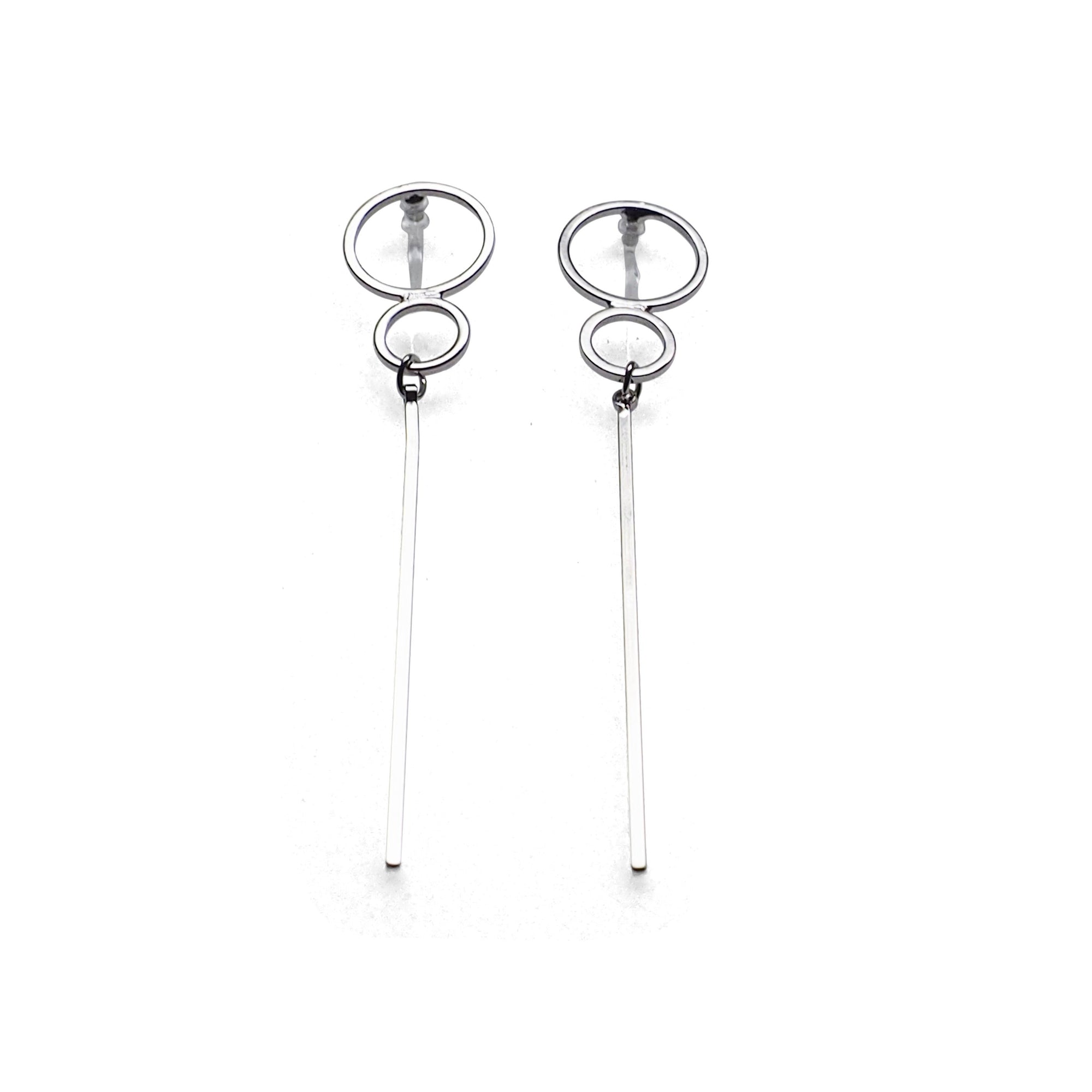Double hoop with long bar invisible clip on stud earrings ( Silver tone ) - miyabigracejewelry.com