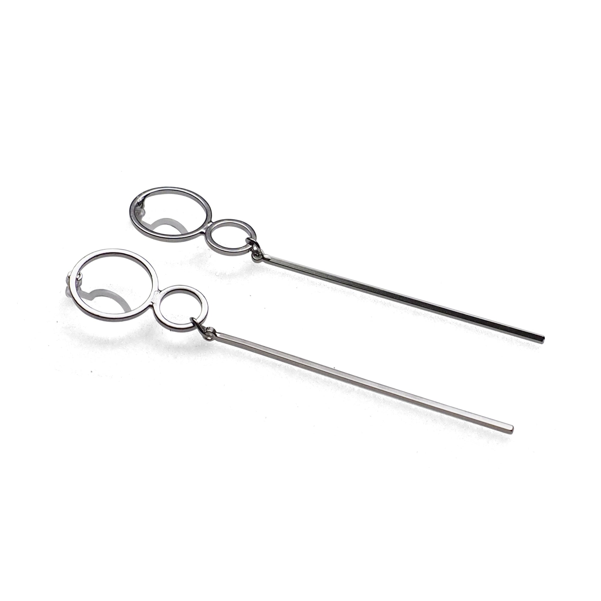 Double hoop with long bar invisible clip on stud earrings ( Silver tone ) - miyabigracejewelry.com