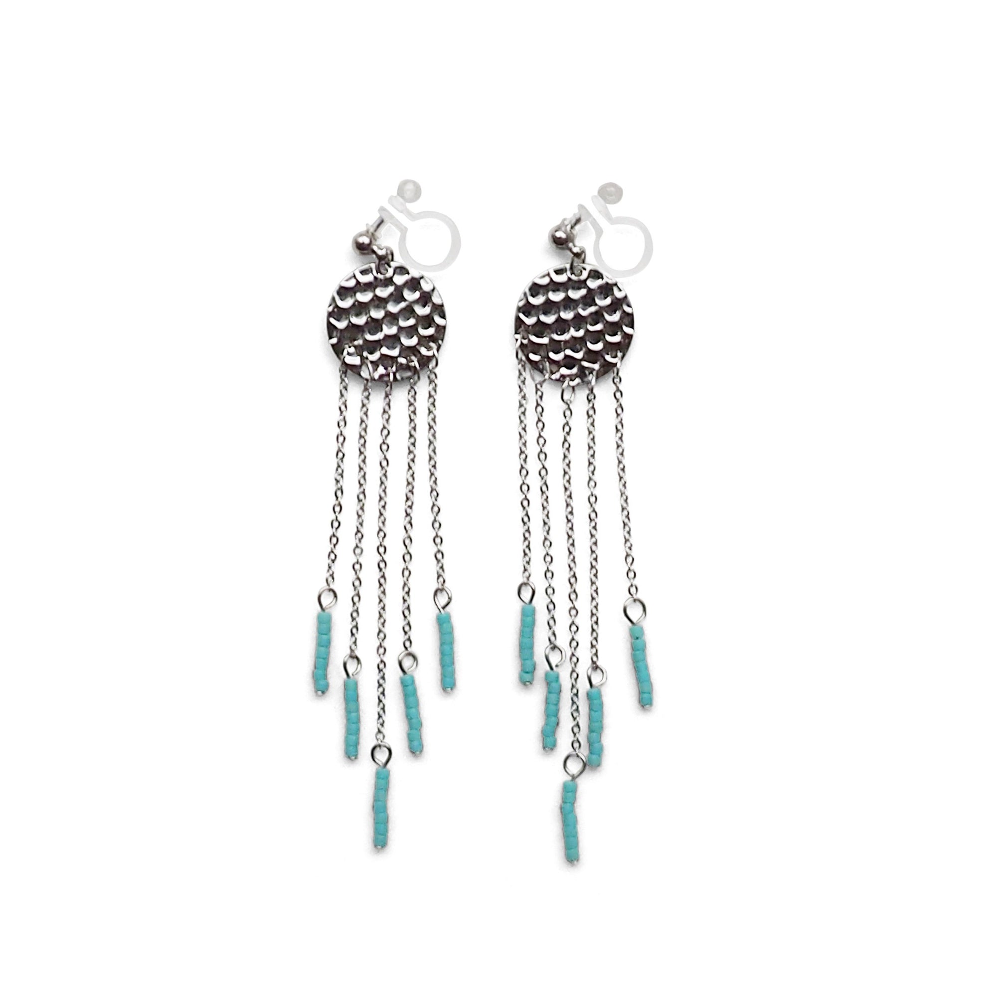 Hammered coin with blue beads invisible clip on earrings ( Silver tone ) - miyabigracejewelry.com