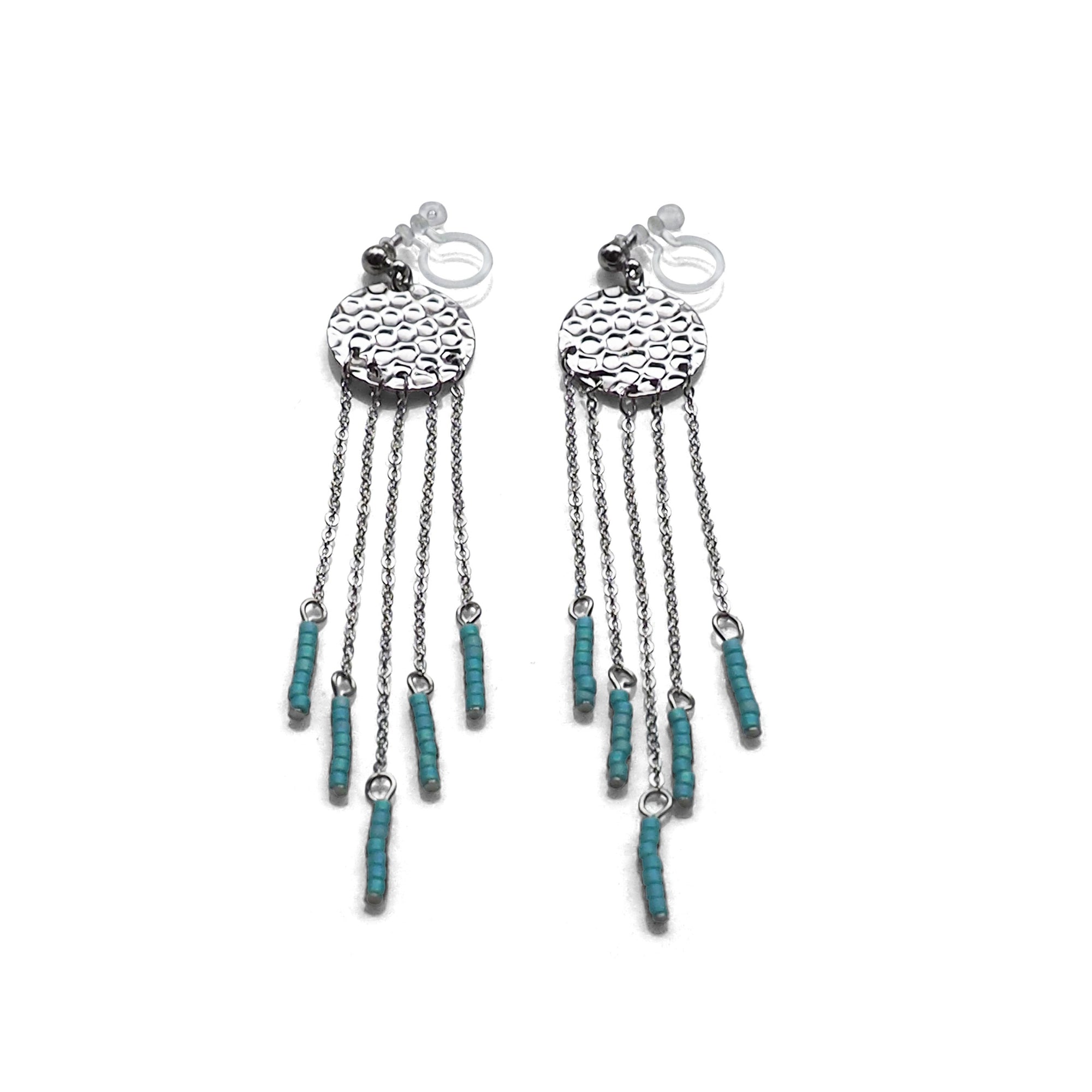 Hammered coin with blue beads invisible clip on earrings ( Silver tone ) - miyabigracejewelry.com