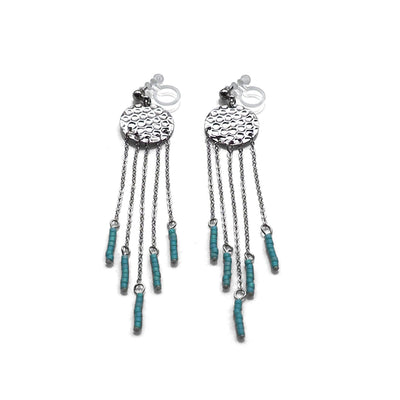 Hammered coin with blue beads invisible clip on earrings ( Silver tone ) - miyabigracejewelry.com