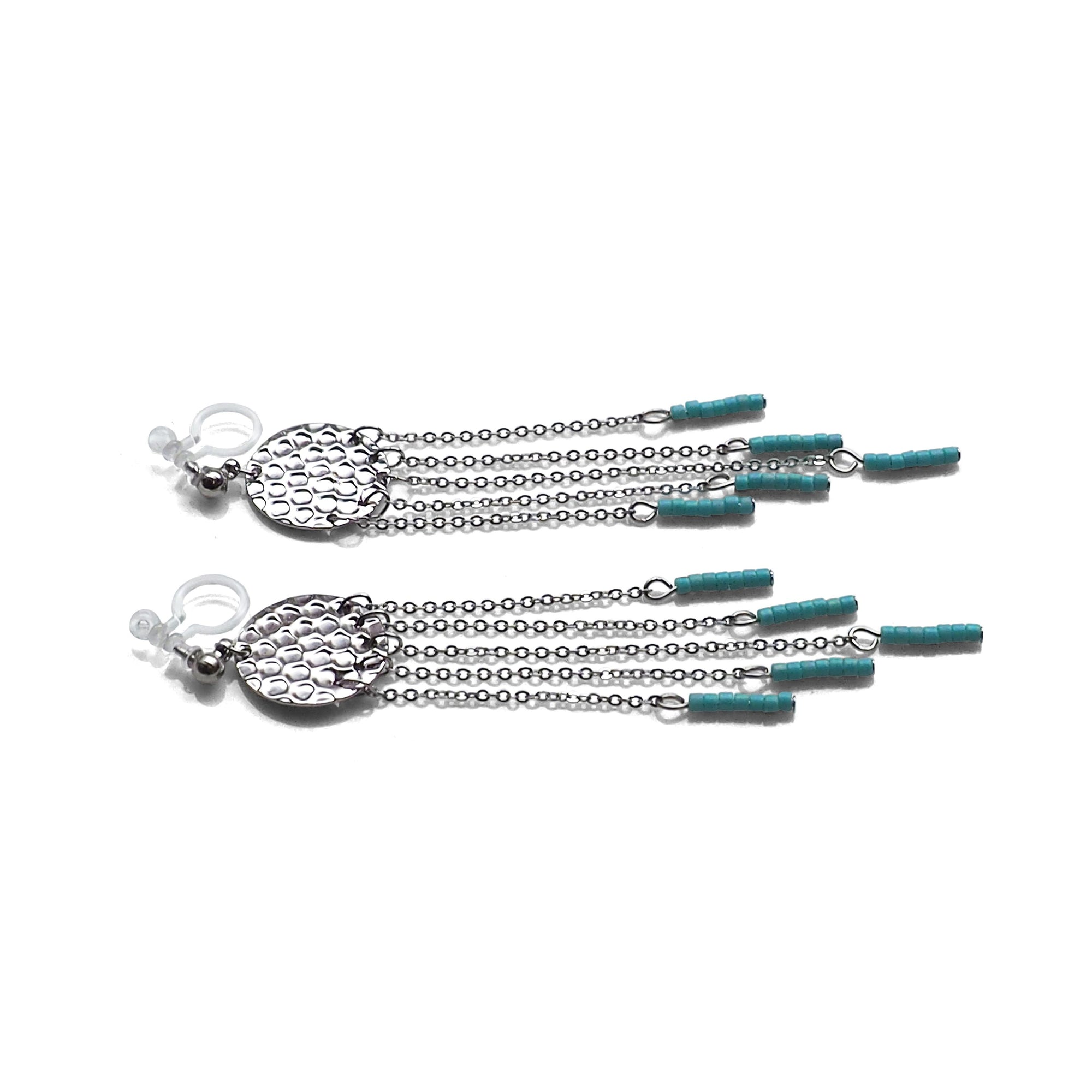 Hammered coin with blue beads invisible clip on earrings ( Silver tone ) - miyabigracejewelry.com