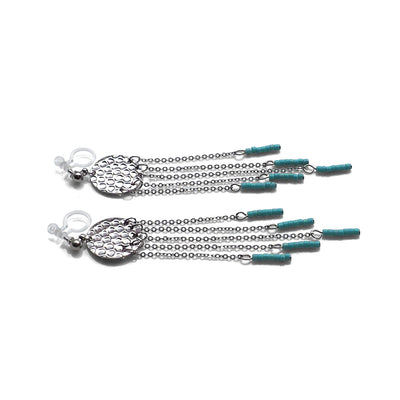 Hammered coin with blue beads invisible clip on earrings ( Silver tone ) - miyabigracejewelry.com