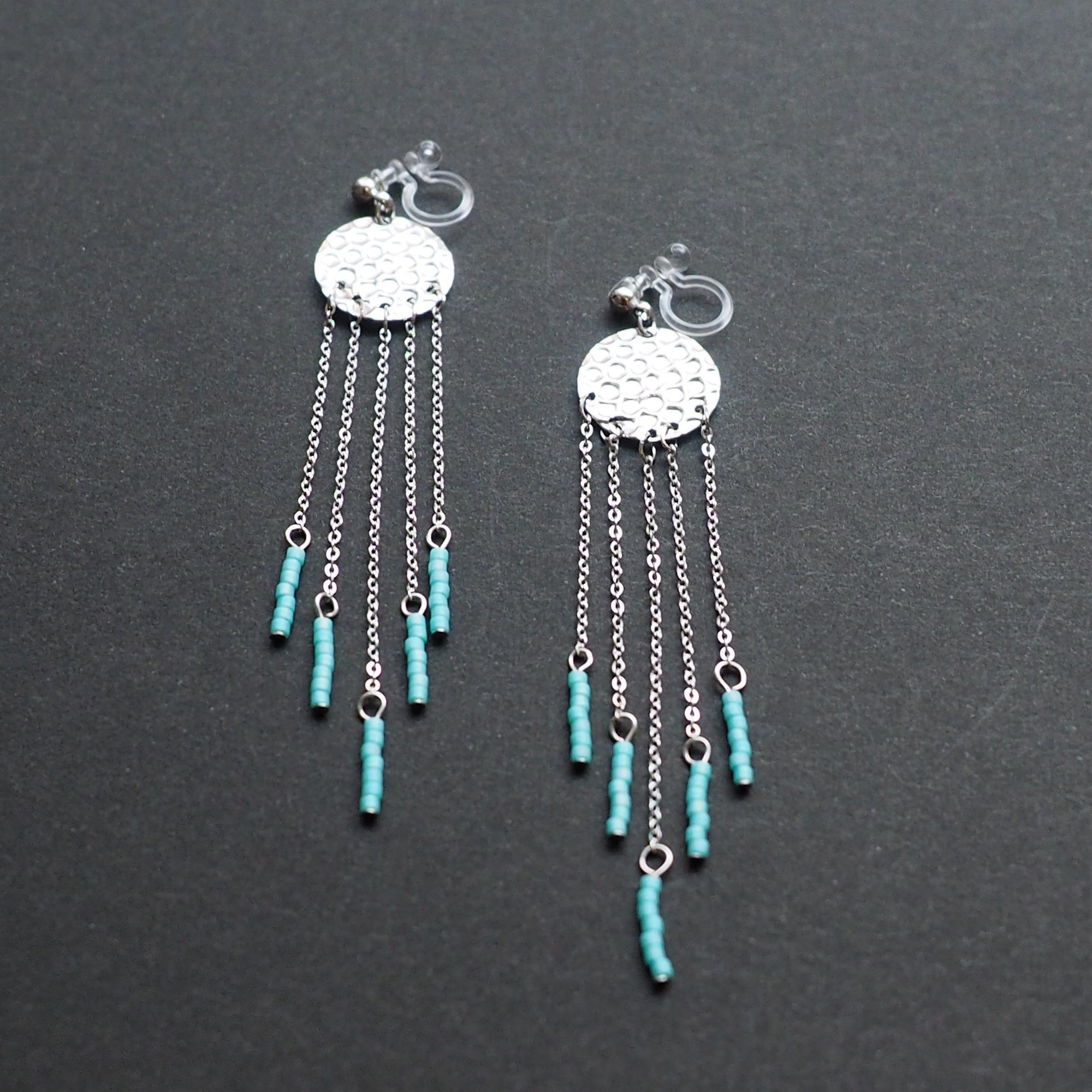 Hammered coin with blue beads invisible clip on earrings ( Silver tone ) - miyabigracejewelry.com