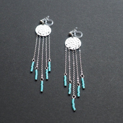 Hammered coin with blue beads invisible clip on earrings ( Silver tone ) - miyabigracejewelry.com