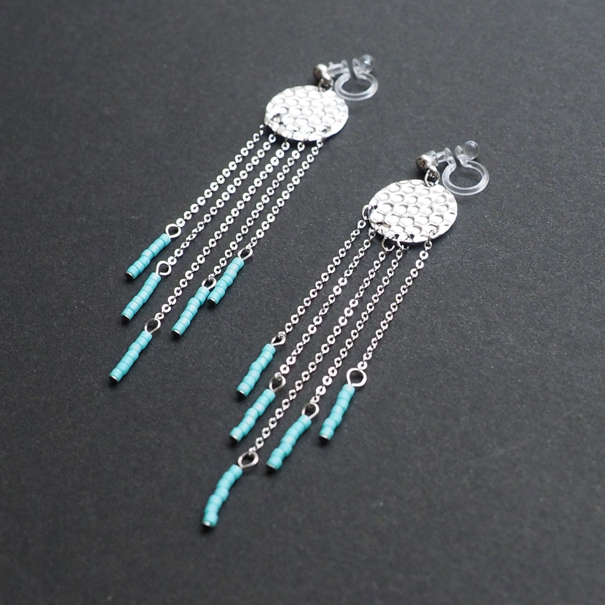 Hammered coin with blue beads invisible clip on earrings ( Silver tone ) - miyabigracejewelry.com