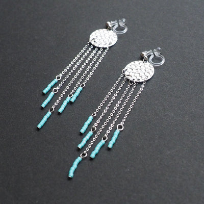 Hammered coin with blue beads invisible clip on earrings ( Silver tone ) - miyabigracejewelry.com